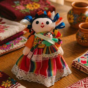 Mexican Handmade Rag Doll 12" Muñeca de Trapo Colorful Folk Art Cloth Doll